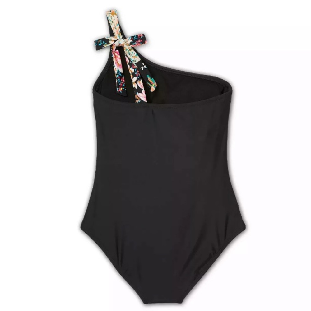 Kona Sol Swimsuit One Piece Medium One Shoulder Tie Black With Floral Strap NWT - Picture 4 of 4
